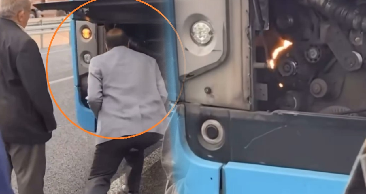 Otobüsün motorunda çıkan yangını üfleyerek söndürmeye çalıştı